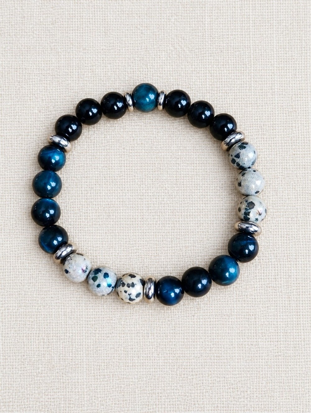 Blue Tiger Eye & Dalmatian Jasper Bead Stretch Bracelet | Handmade